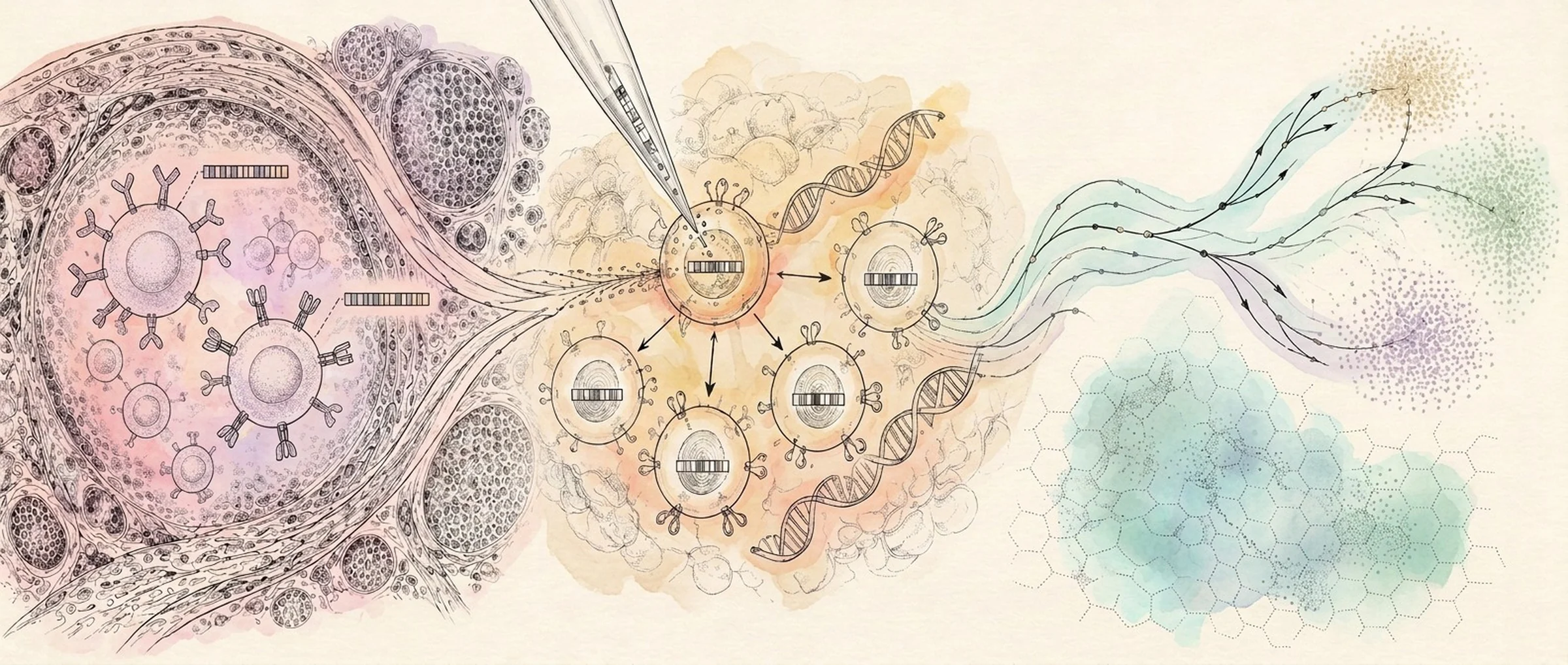 Watercolour and ink illustration: immune cells bearing receptors within a vessel, a pipette injecting a cell whose barcoded descendants divide outward alongside strands of DNA, and branching lineage trajectories resolving into clusters of cell states.