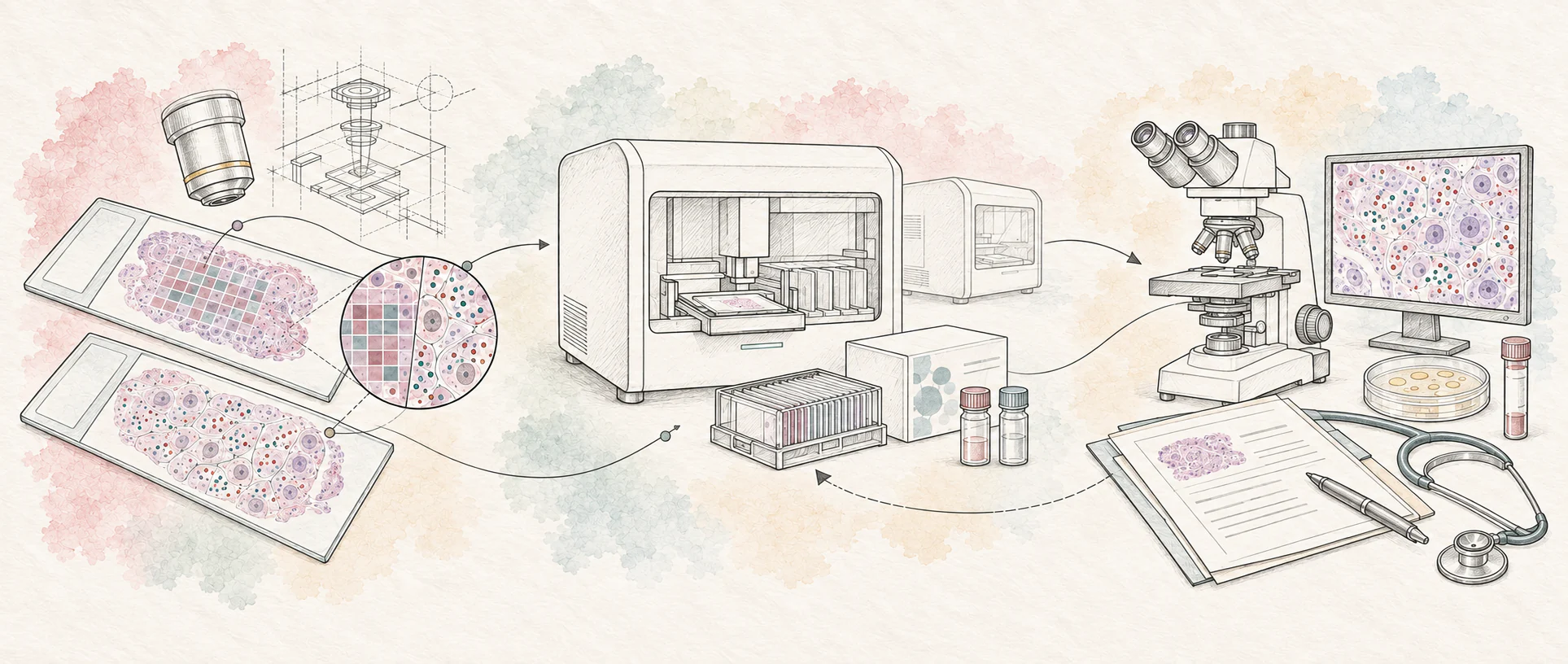 Pencil and watercolour illustration: tissue sections on slides lead through a magnified view of a profiled region into benchtop instruments and reagent kits, then on to a microscope, an on-screen cell map and a clinical report with a stethoscope, with a dashed arrow running back from the clinic to the bench.