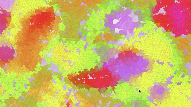 A tissue region rendered as overlapping coloured patches, graded from yellow and green through orange and red to purple, marking clusters of similar gene expression.