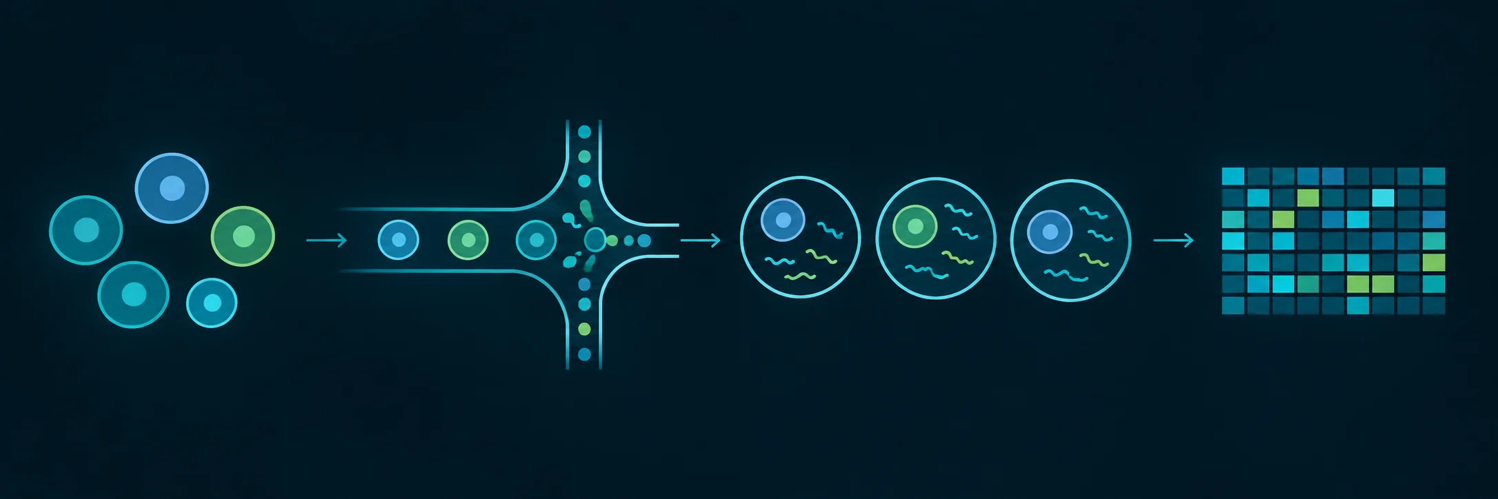 Single-cell sequencing in four steps: dissociated cells flow single file through a microfluidic channel, are captured one per droplet with their RNA, and end as a grid of expression values.