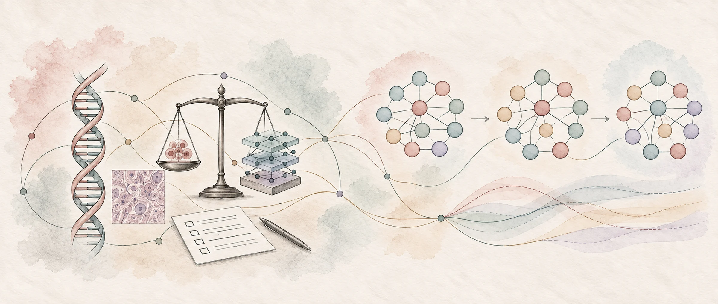 Watercolour and ink illustration: a DNA helix, a stained tissue square and a consent form beside a balance weighing cells against the layers of a neural network, with threads running out to social networks whose members shift colour as opinion spreads.